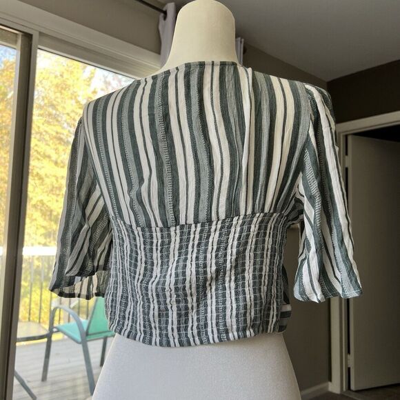 Boho Striped Crop Top Women’s Ring Front V-Neck Y2K Cottagecore Festival Blouse - Picture 5 of 12